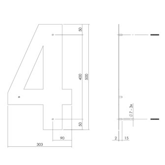 Groot huisnummer: 4 (50cm) RVS mat geborsteld