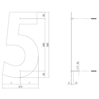 Groot huisnummer: 5 (50cm) RVS mat geborsteld