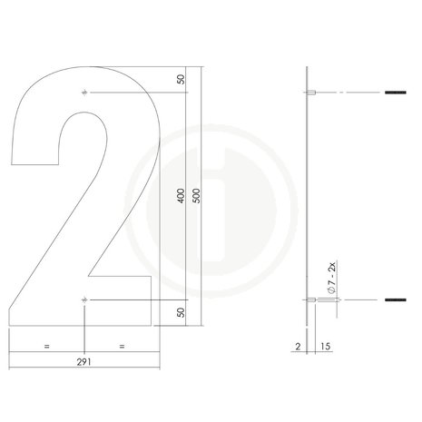 Groot huisnummer: 2 (50cm) zwart mat