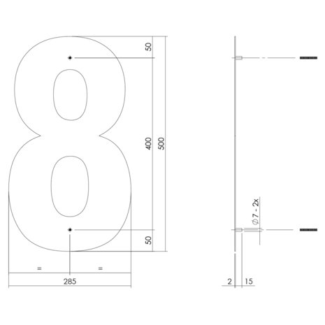 Groot huisnummer: 8 (50cm) RVS mat geborsteld