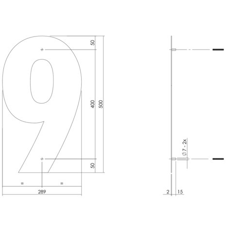 Groot huisnummer: 9 (50cm) RVS mat geborsteld