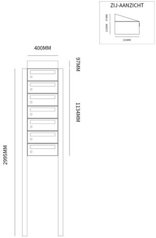 Brievenbuskast 7 brievenbussen zwart met statief (en dakje)