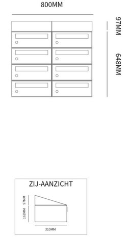 Brievenbuskast (2x4) 8 brievenbussen zwart (met dakje)