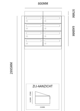 Brievenbuskast (2x4) 8 brievenbussen zwart met statief (en dakje)