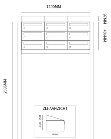 Brievenbuskast (3x3) 9 brievenbussen zwart met statief (en dakje)