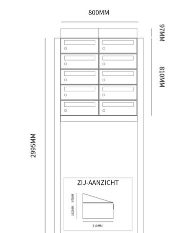 Brievenbuskast (2x5) 10 brievenbussen zwart met statief (en dakje)