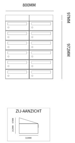 Brievenbuskast (2x6) 12 brievenbussen zwart (met dakje)