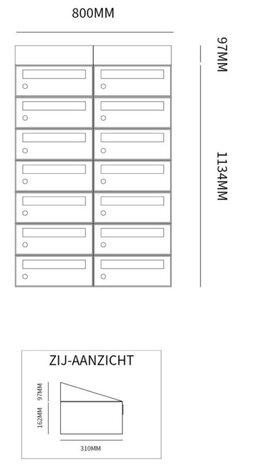 Brievenbuskast (2x7) 14 brievenbussen zwart (met dakje)