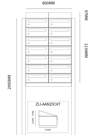 Brievenbuskast (2x7) 14 brievenbussen zwart met statief (en dakje)