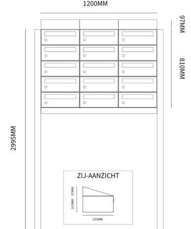 Brievenbuskast (3x5) 15 brievenbussen zwart met statief (en dakje)