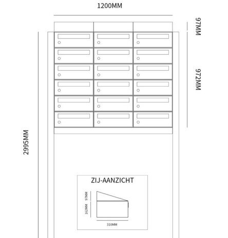 Brievenbuskast (3x6) 18 brievenbussen zwart met statief (en dakje)