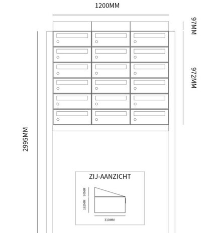 Brievenbuskast (3x6) 18 brievenbussen zwart met statief (en dakje)