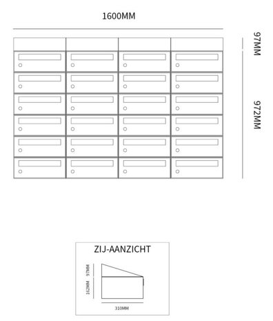 Brievenbuskast (4x6) 24 brievenbussen zwart (met dakje)