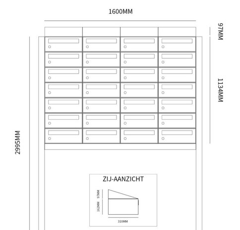 Brievenbuskast (4x7) 28 brievenbussen zwart met statief (en dakje)