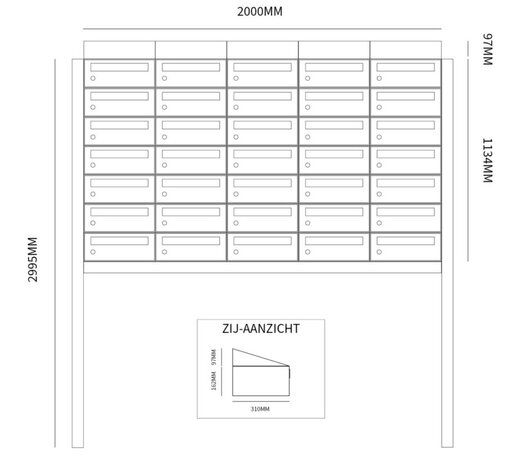 Brievenbuskast (5x7) 35 brievenbussen zwart met statief (en dakje)