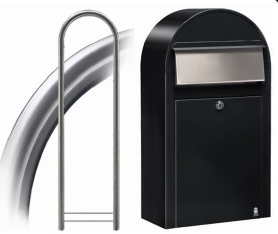 Brievenbus Bobi Grande S zwart + statief round RVS