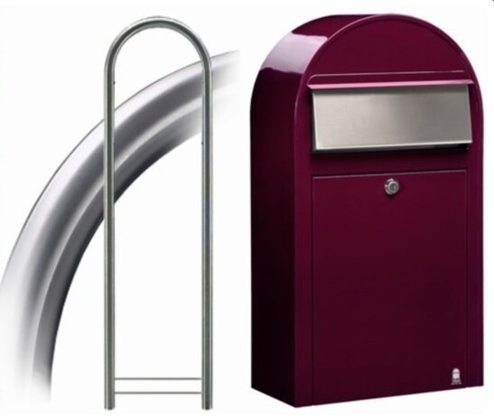 Brievenbus Bobi Grande S donkerrood + statief round RVS