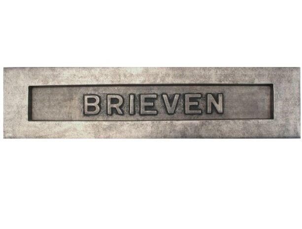 Brievenbusklep Briefplaat geveerd oud zilver met tekst: BRIEVEN