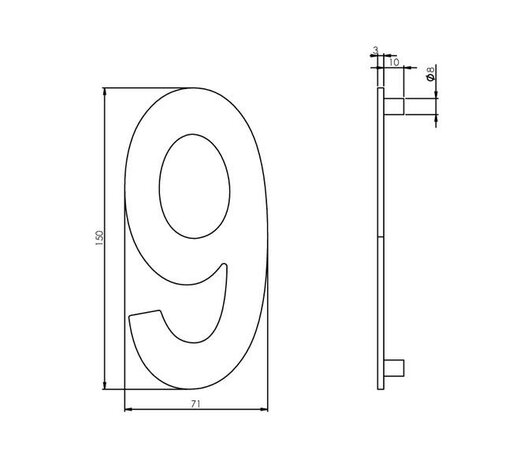 Slank RVS huisnummer 9   (15cm)