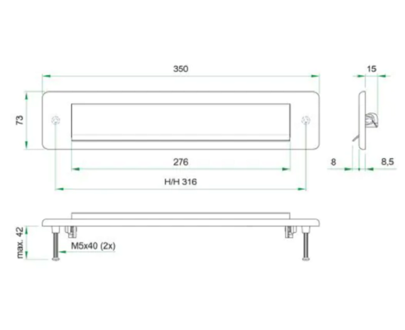 Mat zwarte brievenbusklep rechthoek RVS (35x7,3cm)