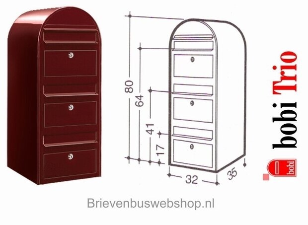 brievenbus bobi Trio bordeauxrood 3005