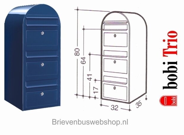 Brievenbus Bobi Trio donkerblauw  + statief RVS