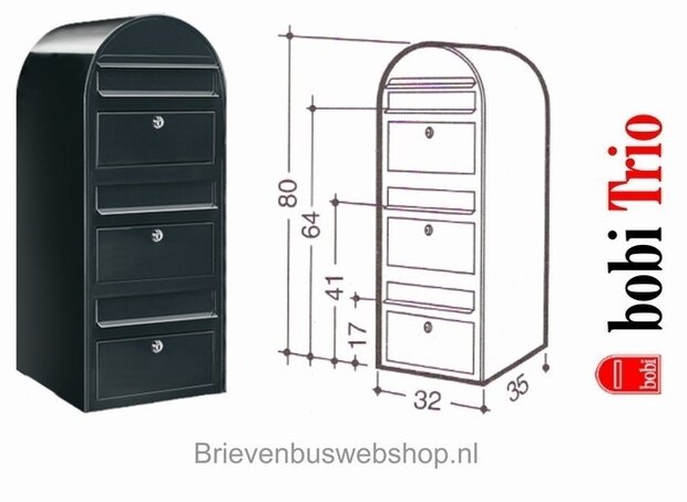 Brievenbus Bobi Trio structuurzwart + statief RVS