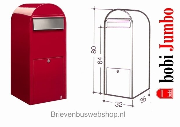 Brievenbus Bobi Jumbo helderrood RAL 3001 plus statief  Bobi Round RAL 3001