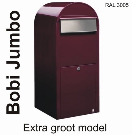 Brievenbus Bobi Jumbo bordeauxrood RAL 3005 plus statief Bobi Round RAL 3005