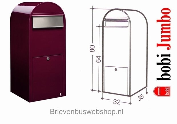 Brievenbus Bobi Jumbo bordeauxrood RAL 3005 plus statief Bobi Round RAL 3005
