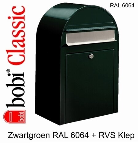 Brievenbus Bobi Classic zwartgroen RAL 6064 met RVS klep plus statief Round RVS