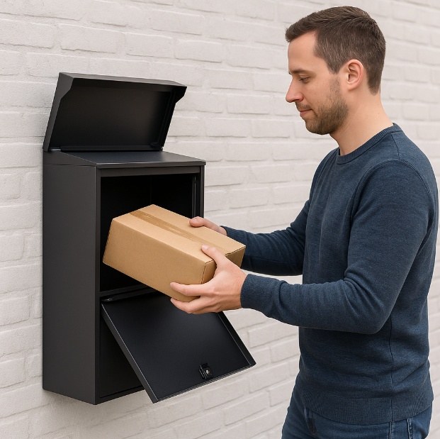 man haalt pakket uit pakketbox muur