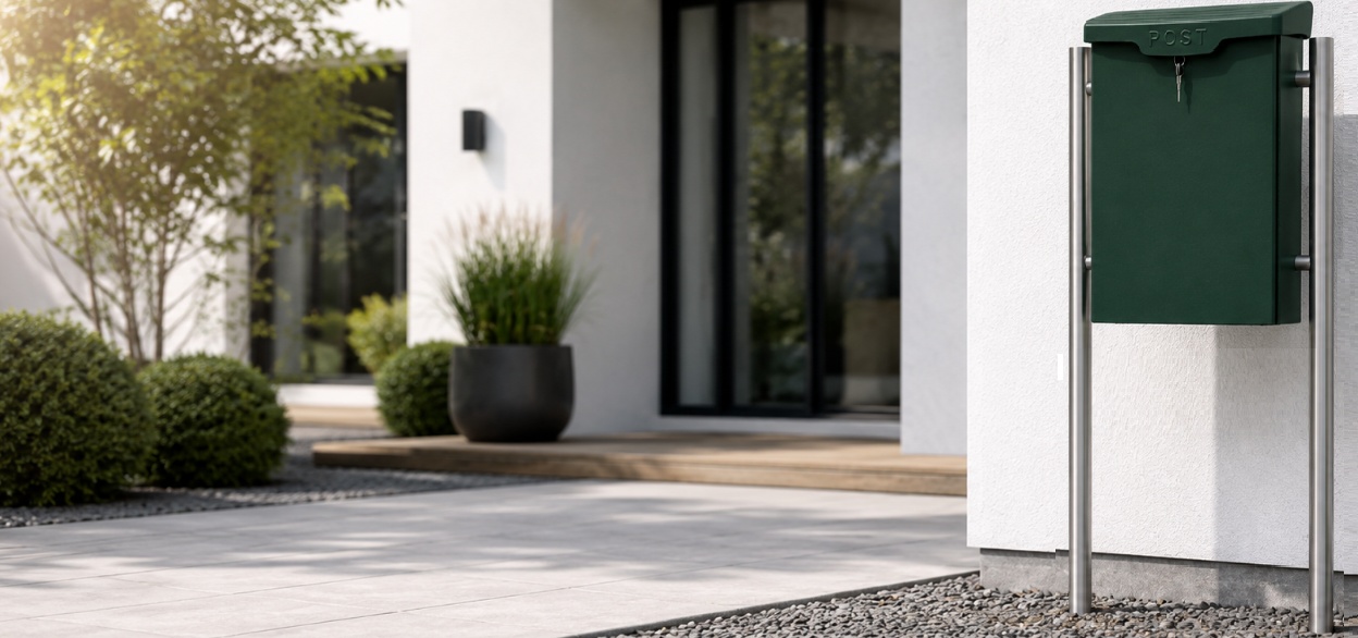 ptt brievenbus staal voor moderne wit gestucte woning en moderne tuin