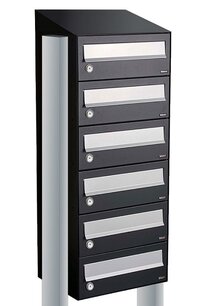 Brievenbuskast 6 brievenbussen zwart met statief (en dakje) Brievenbuskast 6 brievenbussen zwart met statief (en dakje)