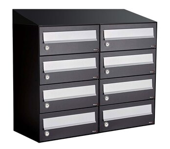 Brievenbuskast (2x4) 8 brievenbussen zwart (met dakje) Brievenbuskast (2x4) 8 brievenbussen zwart (met dakje)