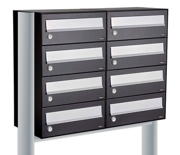 Brievenbuskast (2x4) 8 brievenbussen zwart met statief Brievenbuskast (2x4) 8 brievenbussen zwart met statief