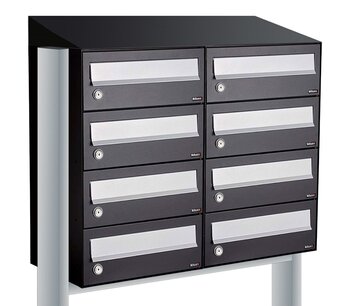 Brievenbuskast (2x4) 8 brievenbussen zwart met statief (en dakje) Brievenbuskast (2x4) 8 brievenbussen zwart met statief (en dakje)