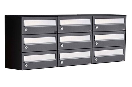 Brievenbuskast (3x3) 9 brievenbussen zwart  Brievenbuskast (3x3) 9 brievenbussen zwart