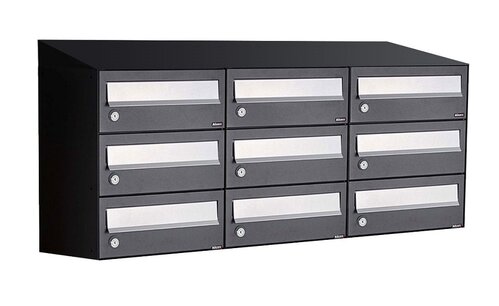 Brievenbuskast (3x3) 9 brievenbussen zwart (met dakje) Brievenbuskast (3x3) 9 brievenbussen zwart (met dakje)