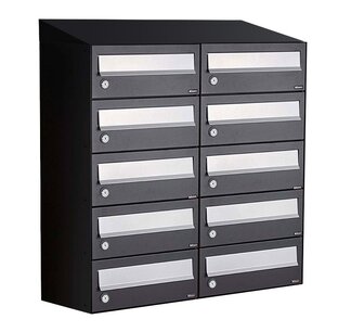 Brievenbuskast (2x5) 10 brievenbussen zwart (met dakje) Brievenbuskast (2x5) 10 brievenbussen zwart (met dakje)