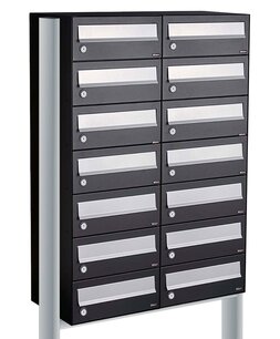 Brievenbuskast (2x7) 14 brievenbussen zwart met statief Brievenbuskast (2x7) 14 brievenbussen zwart met statief