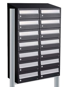 Brievenbuskast (2x7) 14 brievenbussen zwart met statief (en dakje) Brievenbuskast (2x7) 14 brievenbussen zwart met statief (en dakje)