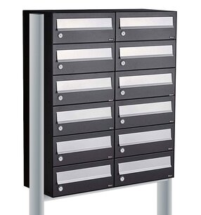 Brievenbuskast (2x6) 12 brievenbussen zwart met statief Brievenbuskast (2x6) 12 brievenbussen zwart met statief