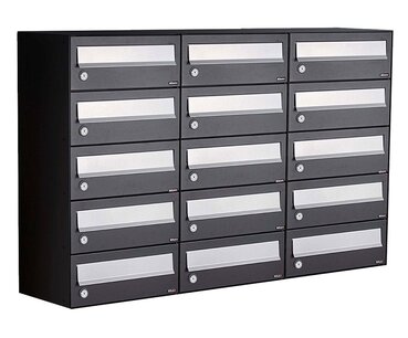 Brievenbuskast (3x5) 15 brievenbussen zwart  Brievenbuskast (3x5) 15 brievenbussen zwart