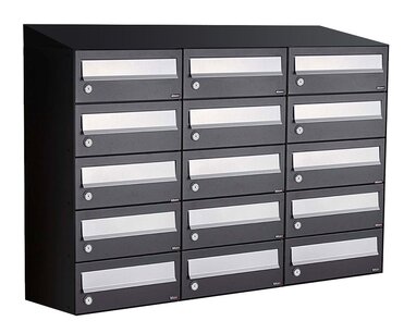 Brievenbuskast (3x5) 15 brievenbussen zwart (met dakje) Brievenbuskast (3x5) 15 brievenbussen zwart (met dakje)