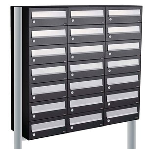 Brievenbuskast (3x7) 21 brievenbussen zwart met statief Brievenbuskast (3x7) 21 brievenbussen zwart met statief