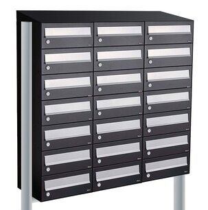 Brievenbuskast (3x7) 21 brievenbussen zwart met statief (en dakje) Brievenbuskast (3x7) 21 brievenbussen zwart met statief (en dakje)