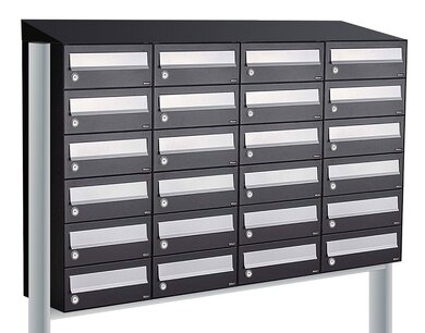 Brievenbuskast (4x6) 24 brievenbussen zwart met statief (en dakje) Brievenbuskast (4x6) 24 brievenbussen zwart met statief (en dakje)