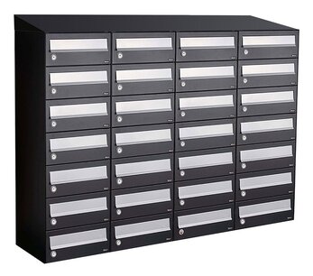 Brievenbuskast (4x7) 28 brievenbussen zwart (met dakje) Brievenbuskast (4x7) 28 brievenbussen zwart (met dakje)