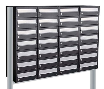 Brievenbuskast (4x7) 28 brievenbussen zwart met statief Brievenbuskast (4x7) 28 brievenbussen zwart met statief